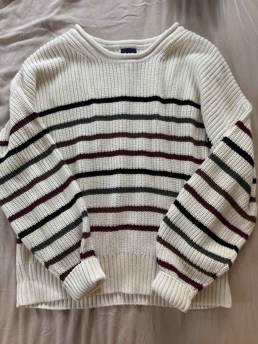 Gap Sweater Womens M White Stripe Heavy Knit Pullover Crewneck Roll Neck Casual